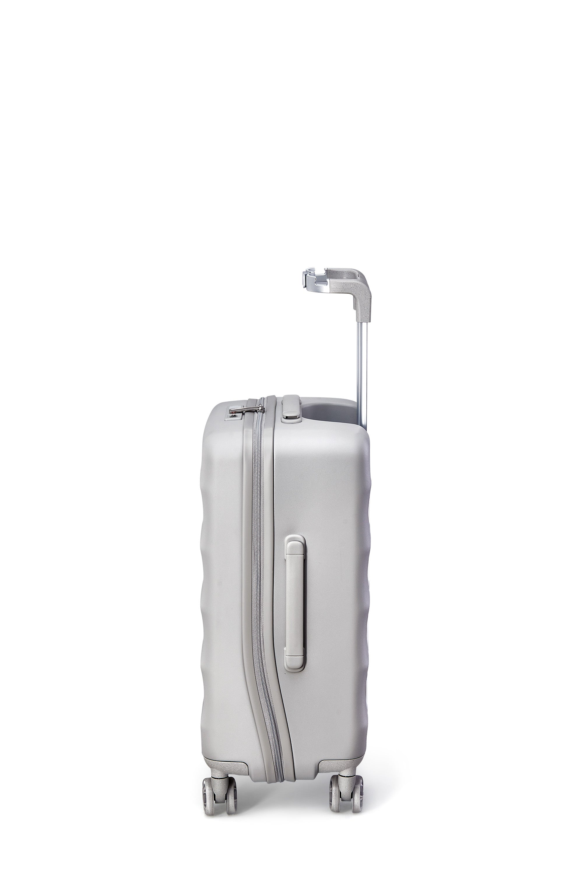 Side view of Bigger Tank Carry-On suitcase in Harbor Mist with multi-functional handle.