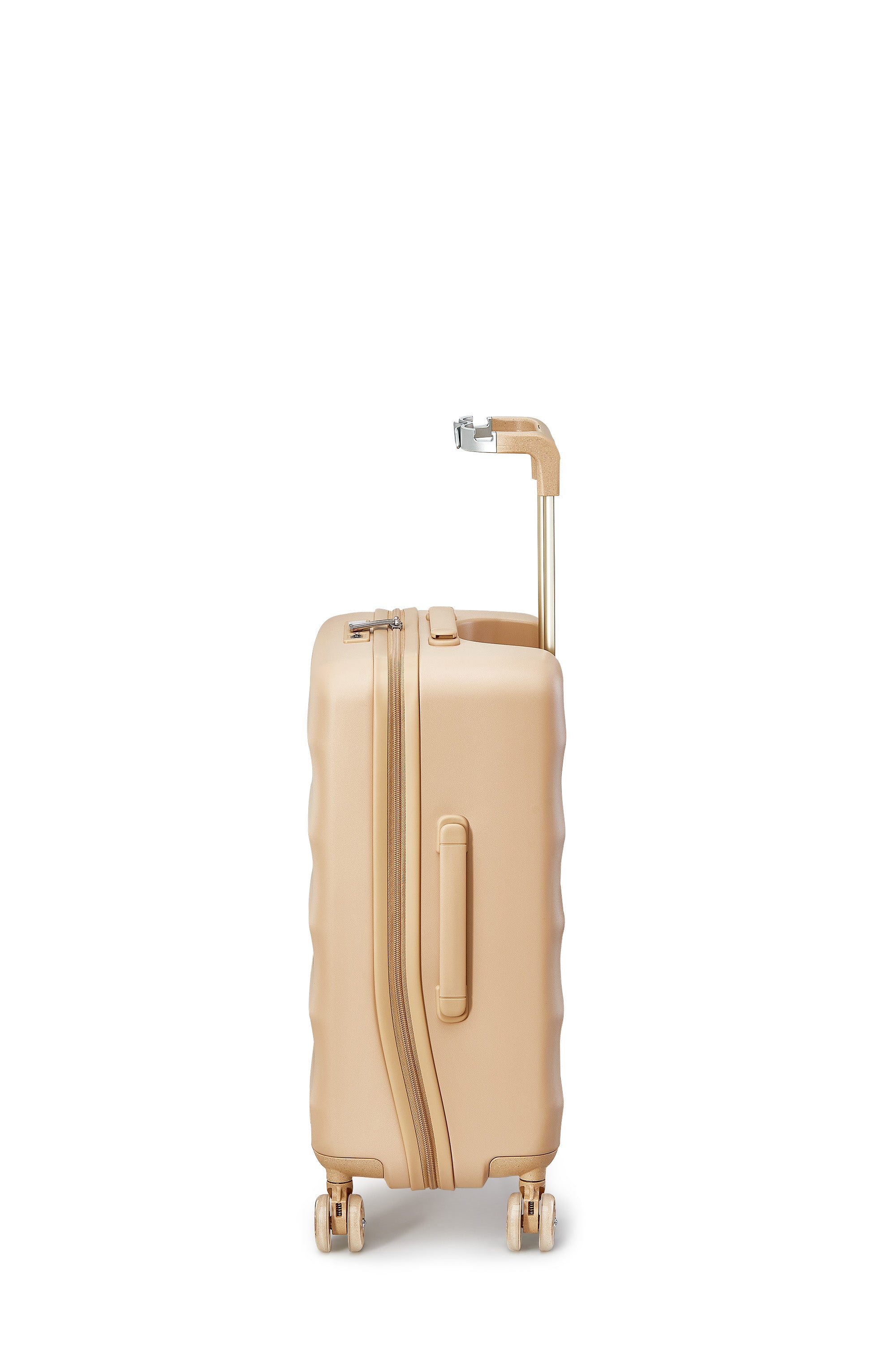 Bigger Carry-on luggage in Sandstorm color with smooth wheels and ergonomic handle.