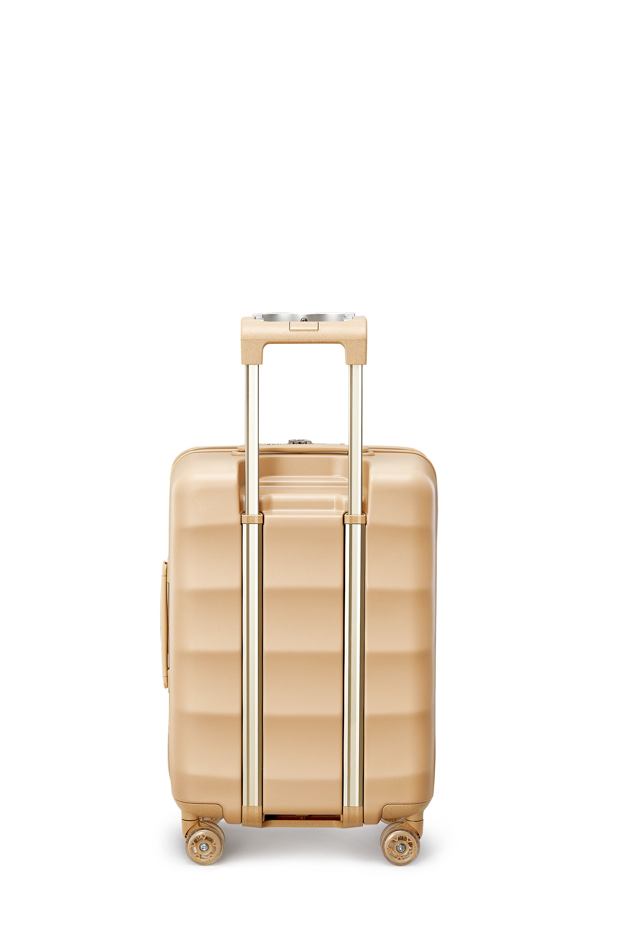Bigger Carry-on luggage in Sandstorm with ergonomic handle and smooth wheels.