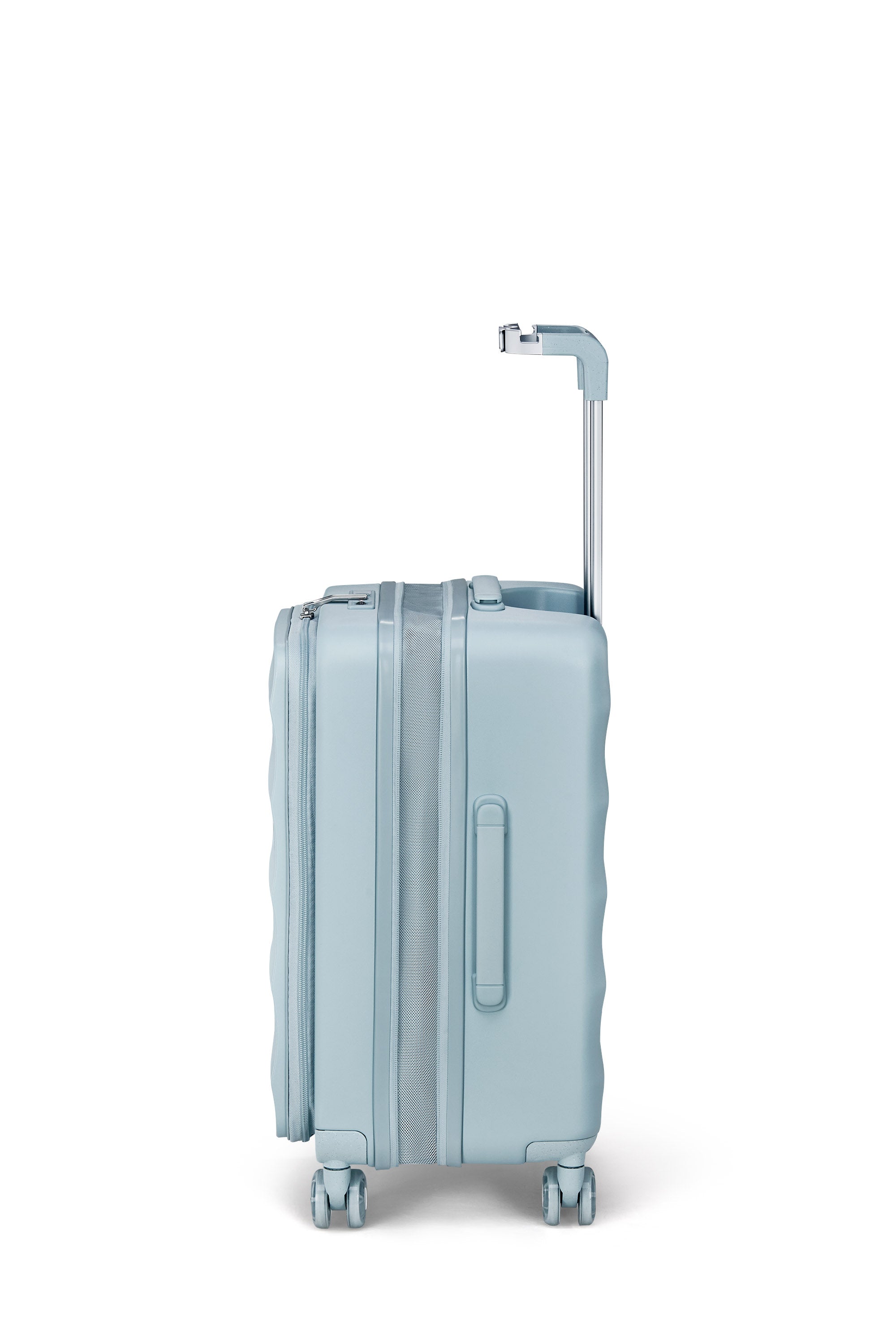 Side view of Delicate Blue Bigger Tank Carry-On luggage with sleek design and 360° wheels.