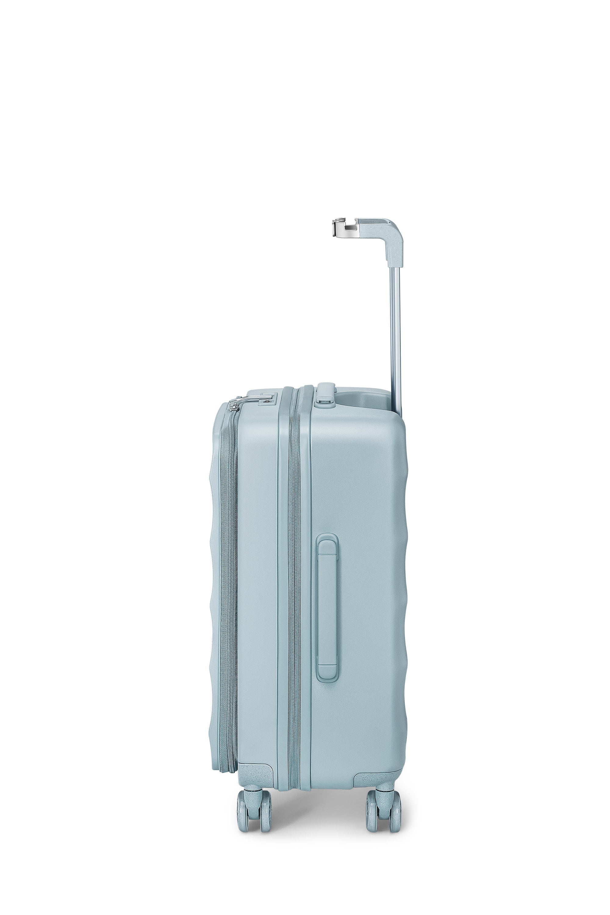 Side profile of Delicate Blue Bigger Tank Carry-On luggage showcasing sleek design and wheels.