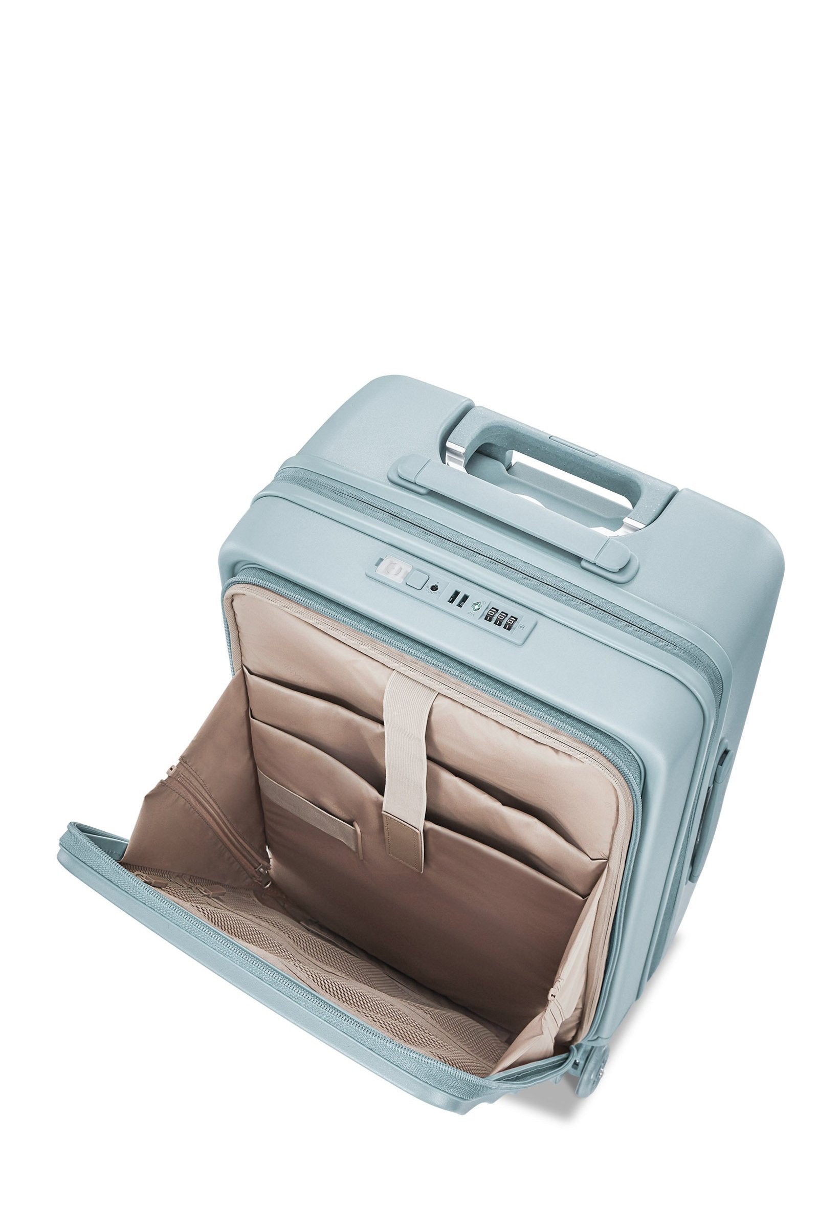 Interior view of Delicate Blue 4MYTU Carry-On suitcase with compartments