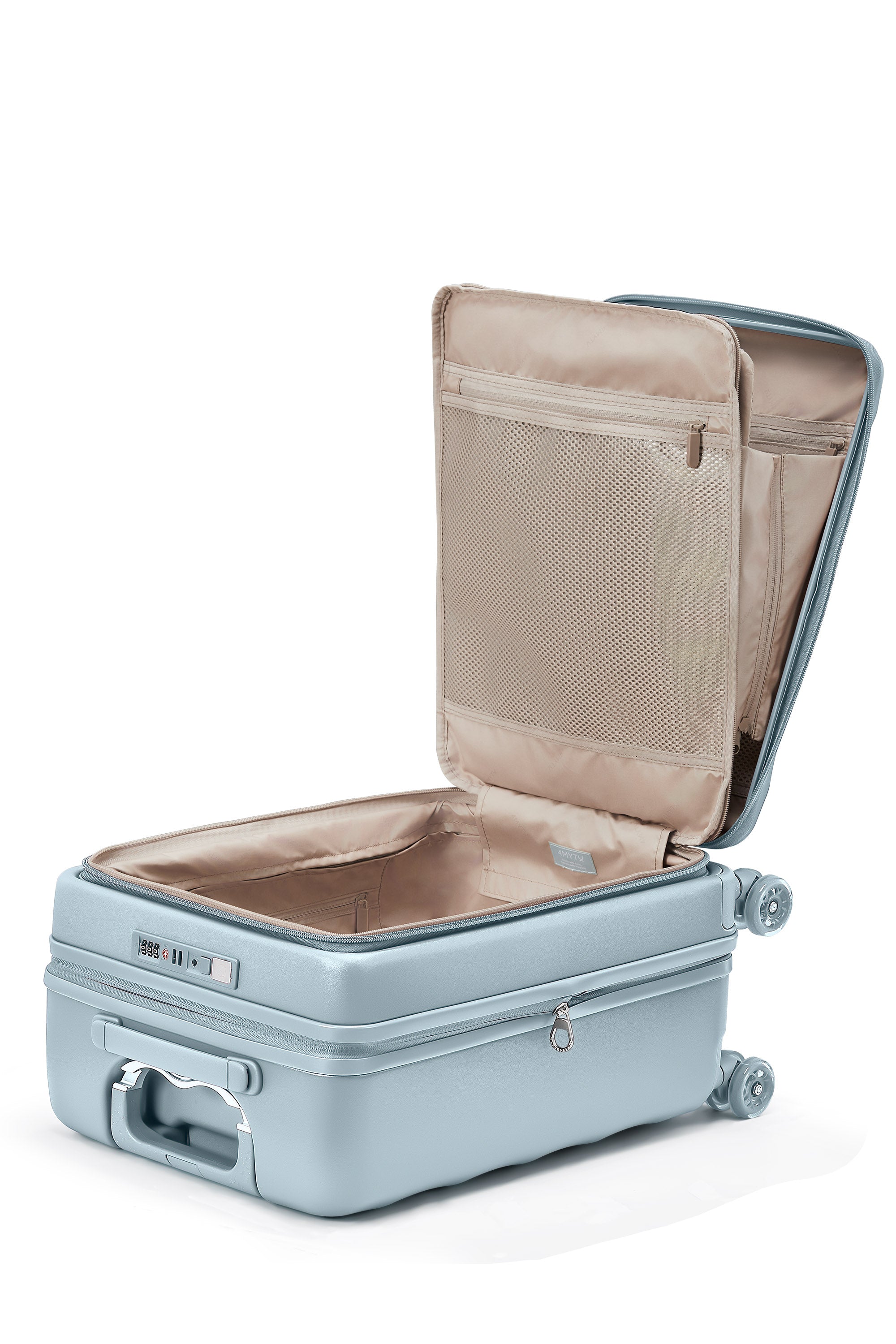 Open Delicate Blue 4MYTU Tank Carry-On suitcase with interior compartments