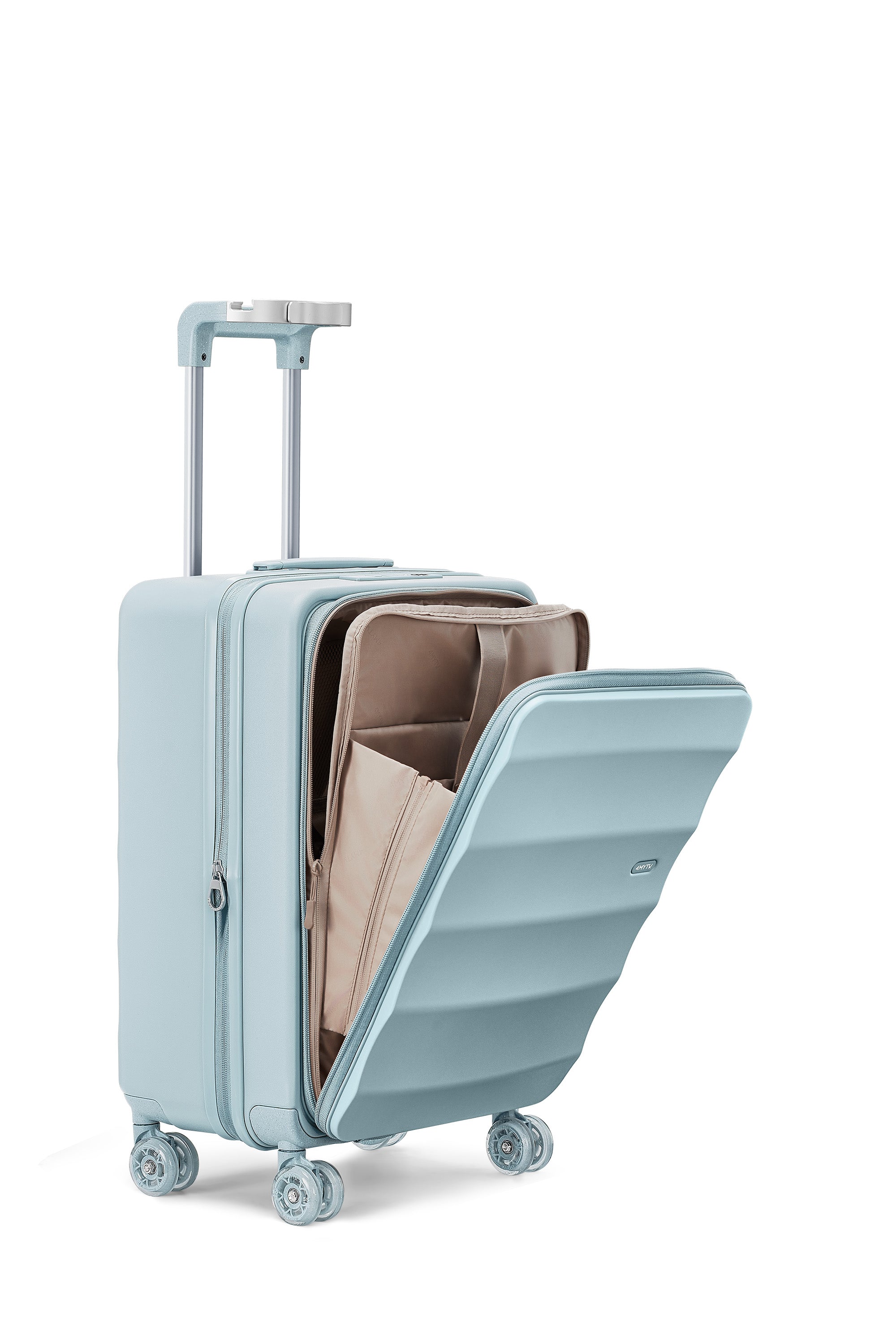 Delicate Blue 4MYTU Carry-On suitcase open, showcasing interior storage and wheels.