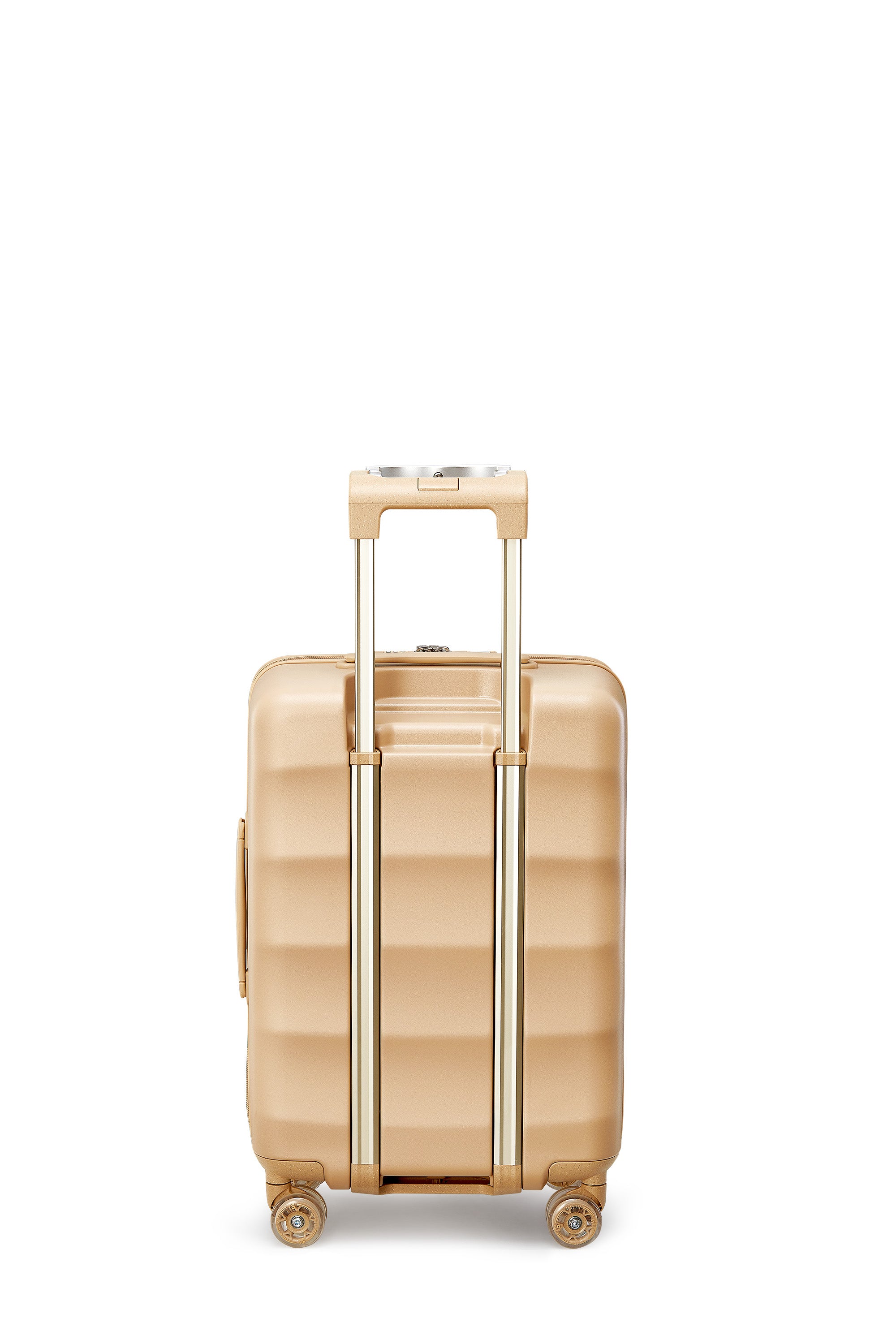 Stylish Sandstorm carry-on luggage featuring a retractable handle and quiet wheels.