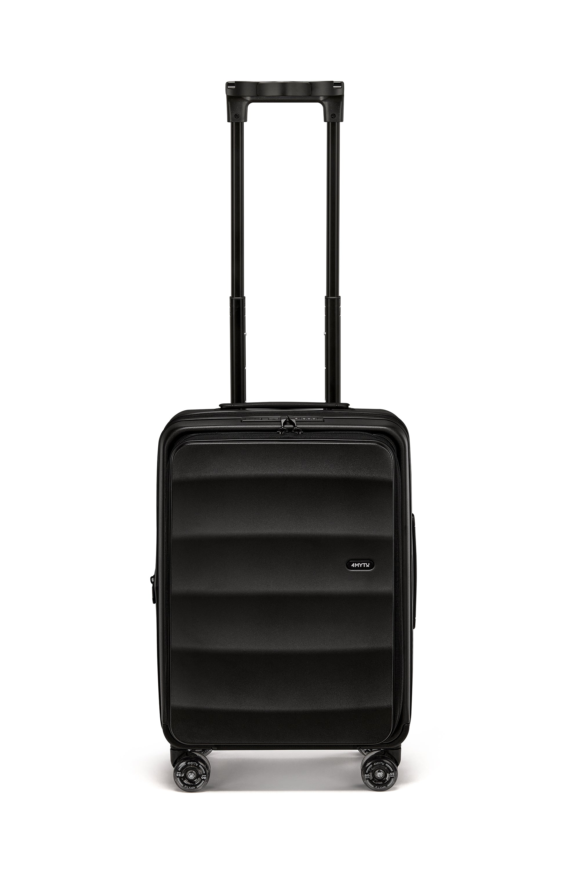 Jet Black 4MYTU Tank Carry-On suitcase with hardshell and dual-bearing wheels.