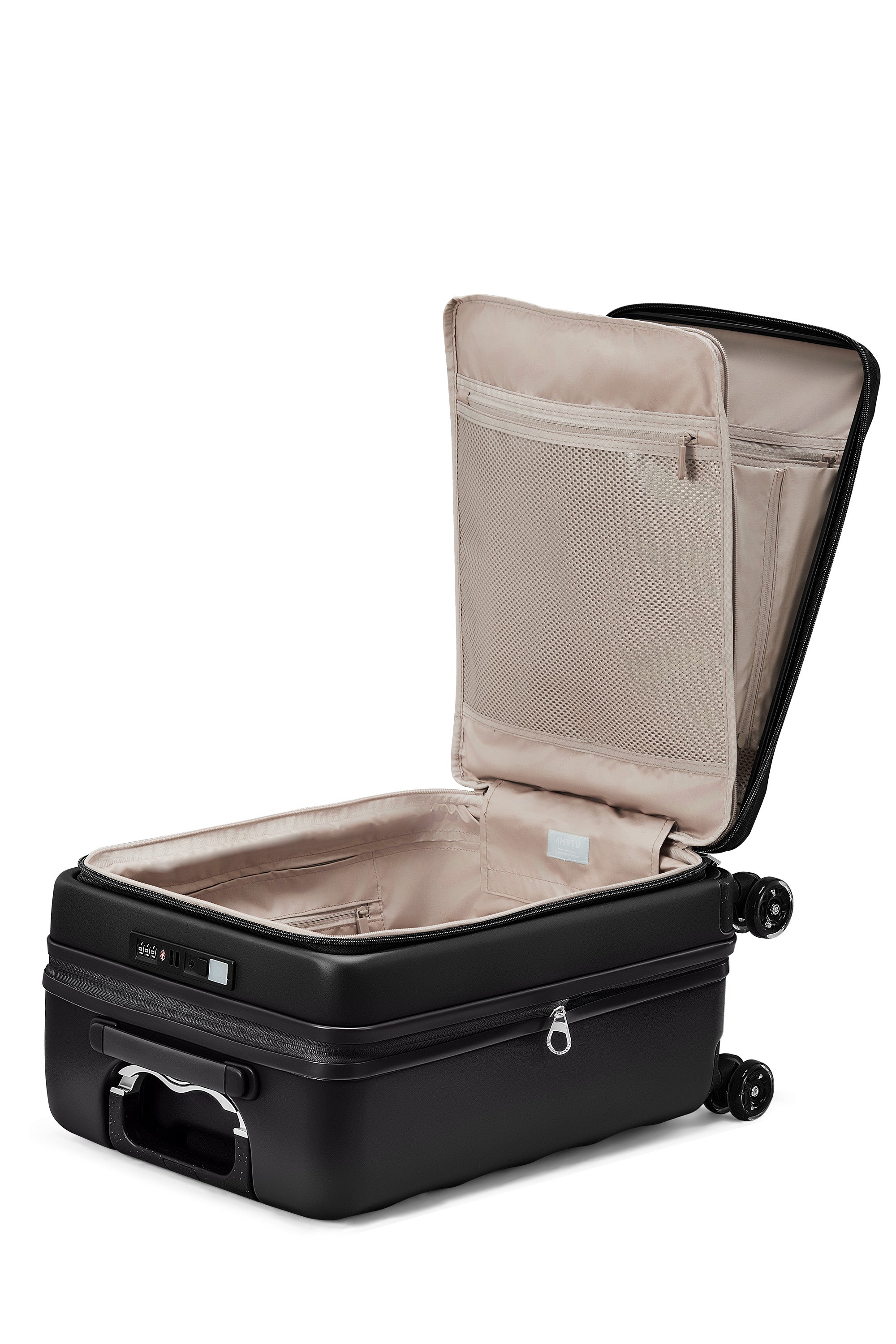 Open Jet Black 4MYTU Tank Carry-On suitcase showcasing spacious interior.