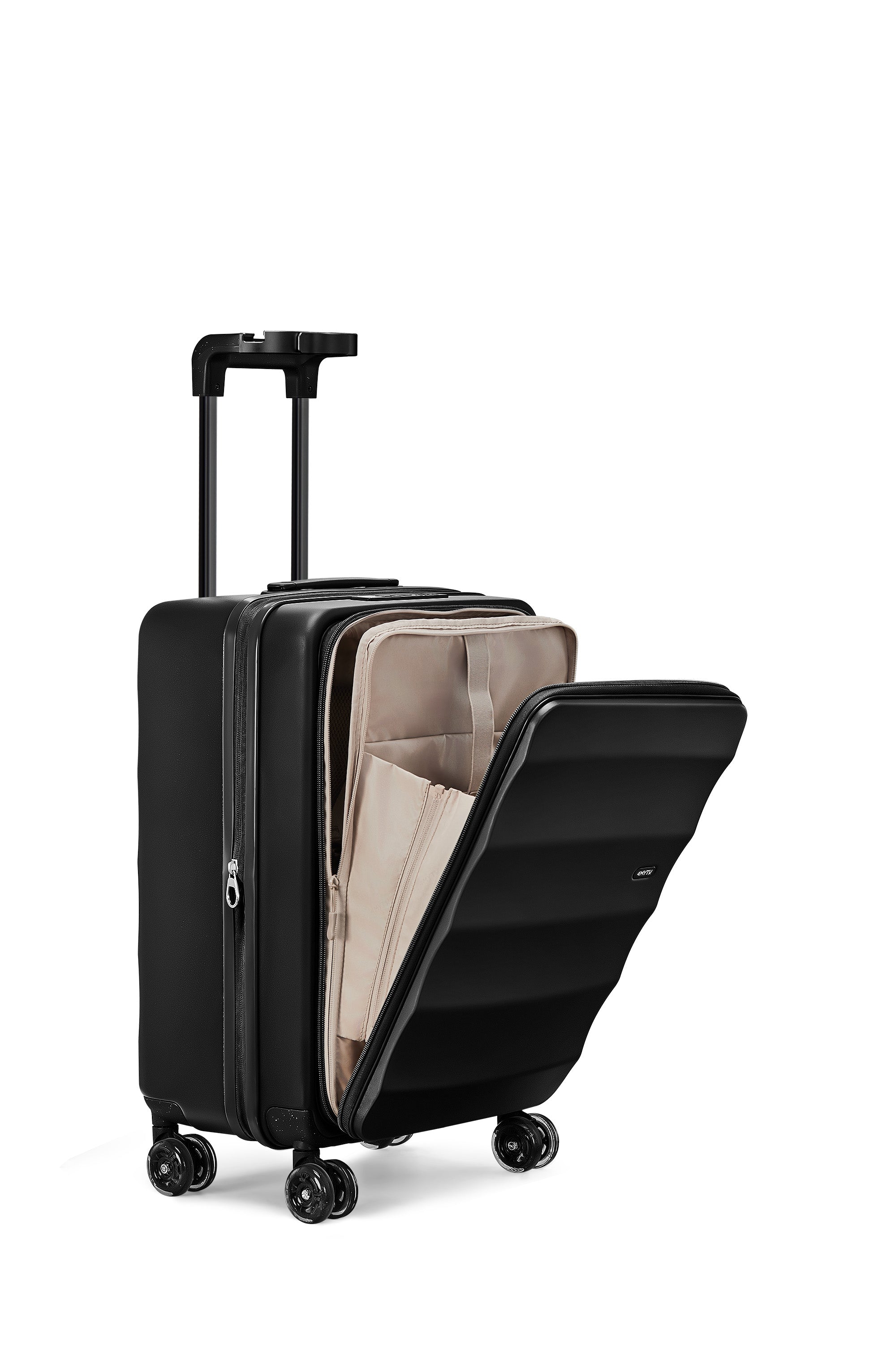 Jet Black 4MYTU Tank Carry-On suitcase with spacious interior and durable hardshell.