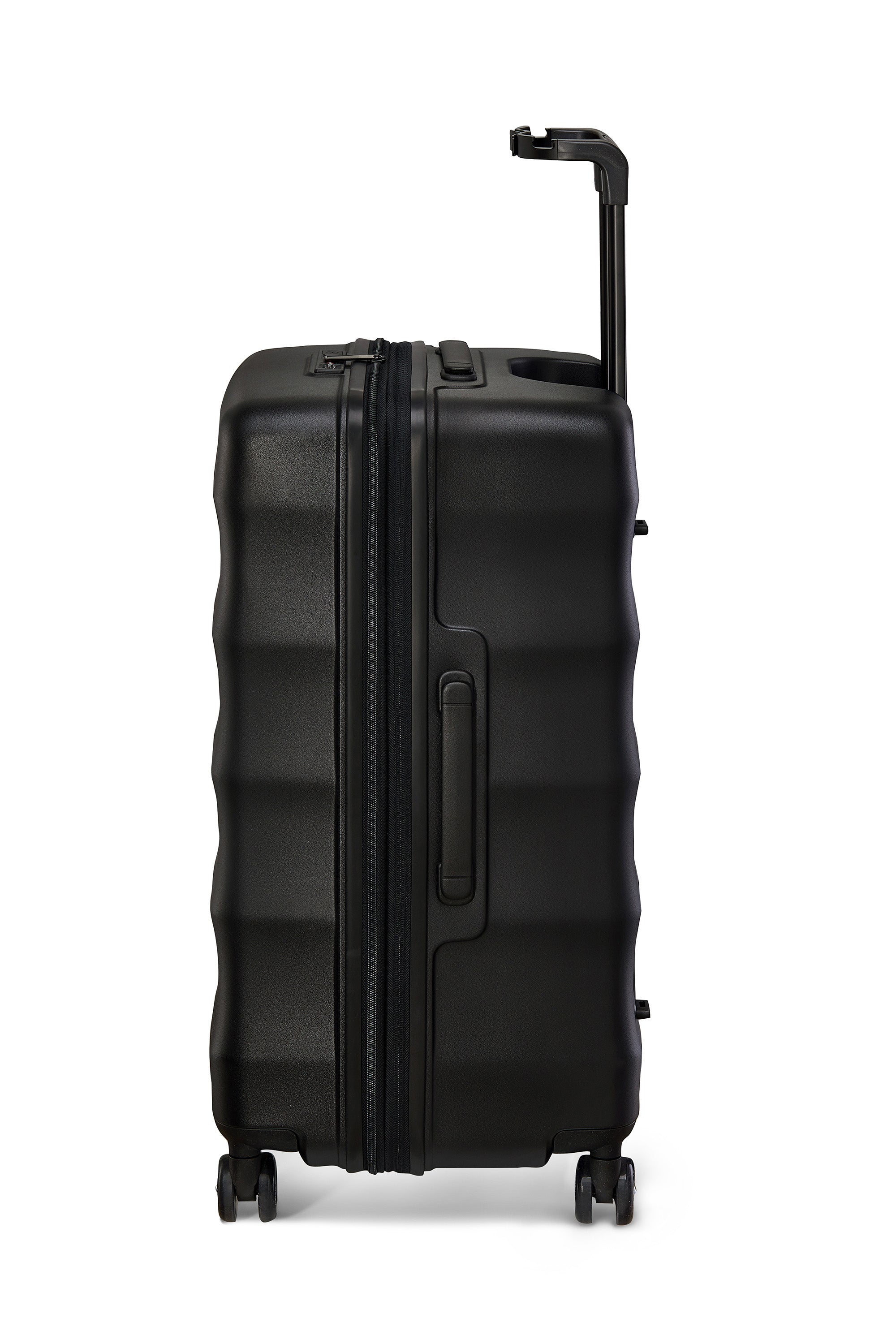 Jet Black Trunk suitcase featuring smooth wheels and ergonomic handle
