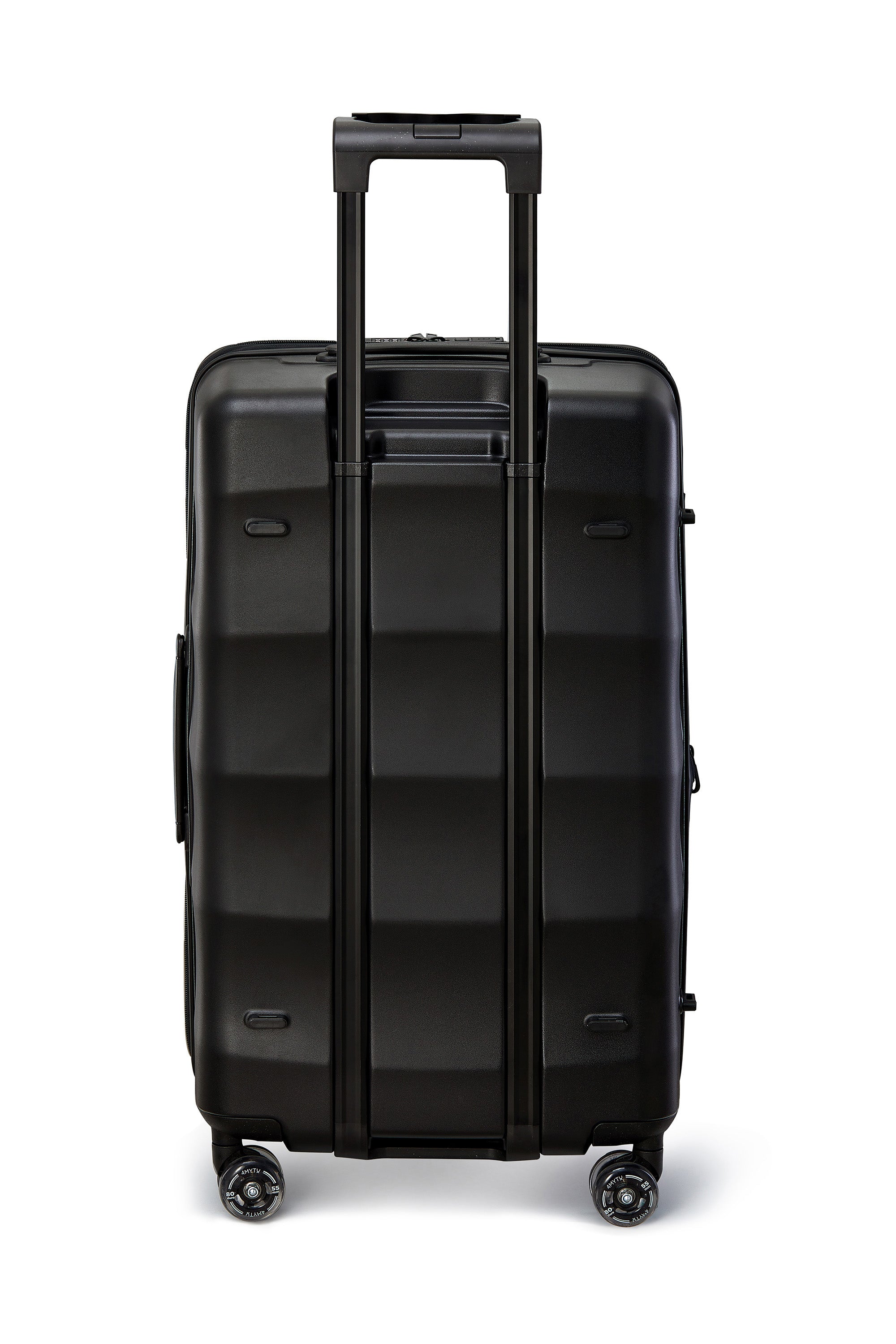 Jet Black Trunk suitcase with sleek design, extendable handle, and quiet wheels.