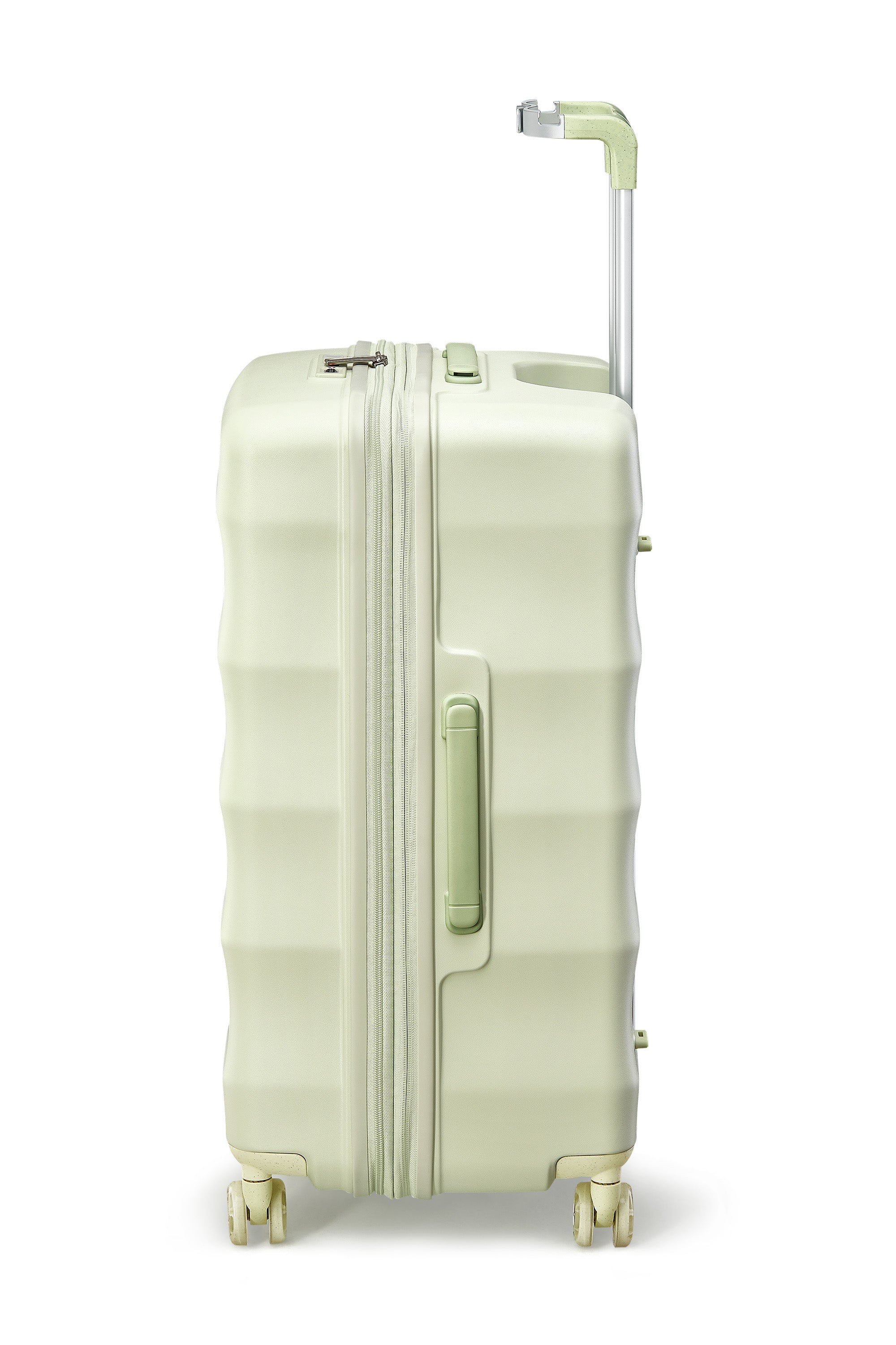 Sleek mint green 4MYTU carry-on suitcase with smooth wheels and a retractable handle.