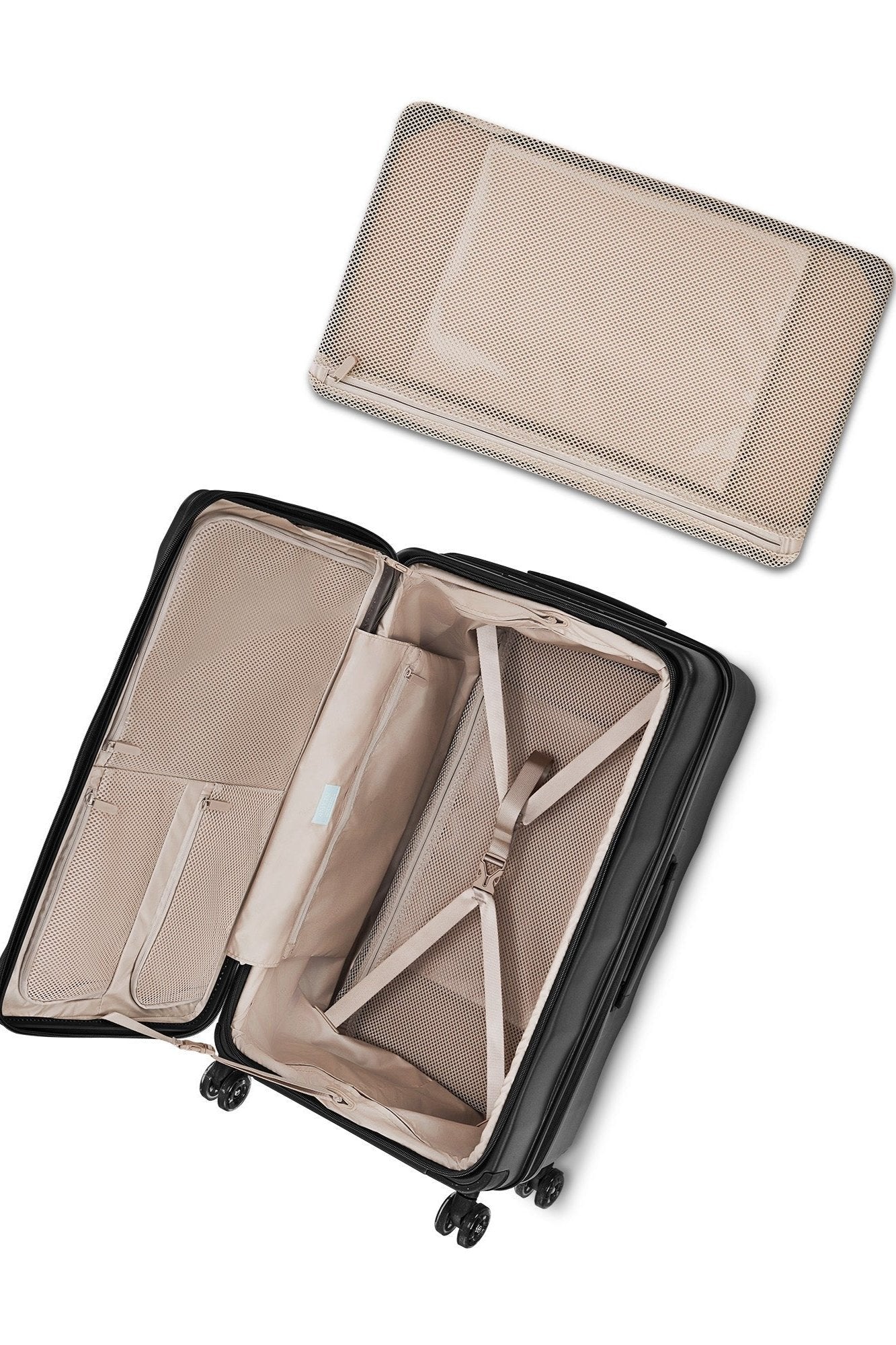 Interior of Jet Black 4MYTU Tank Checked Suitcase with compartments and elastic straps