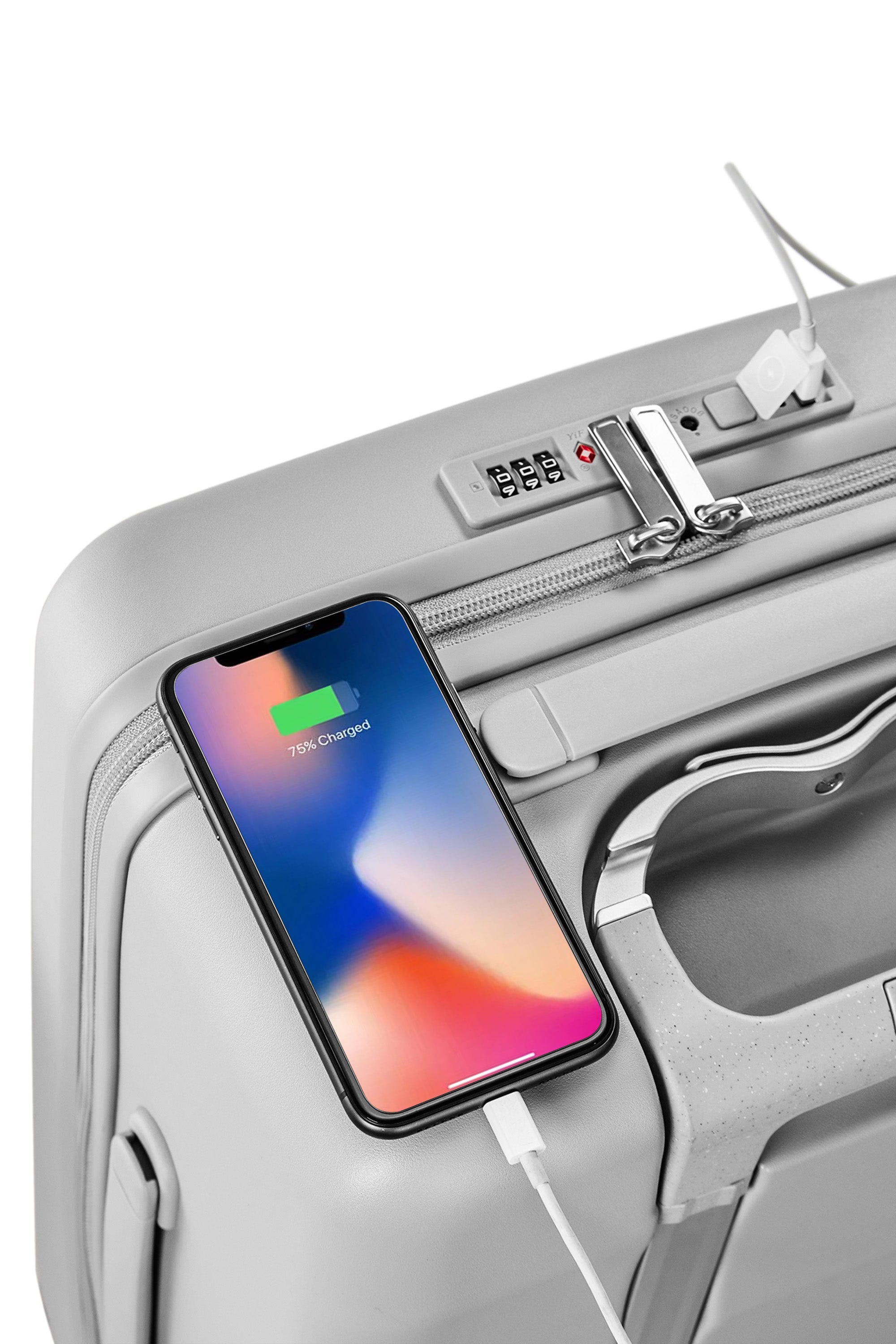 Harbor Mist Bigger Tank Carry-On with smartphone charging on the handle.