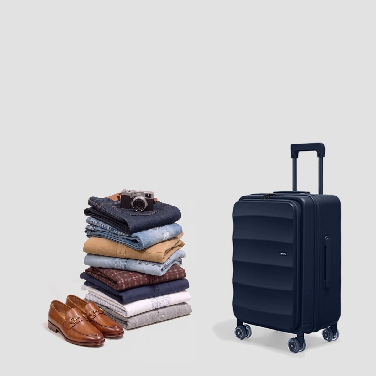Tank Lite Bigger Carry On in Deep Navy with packed travel items